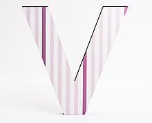 wood letter V with vertical pink stripes